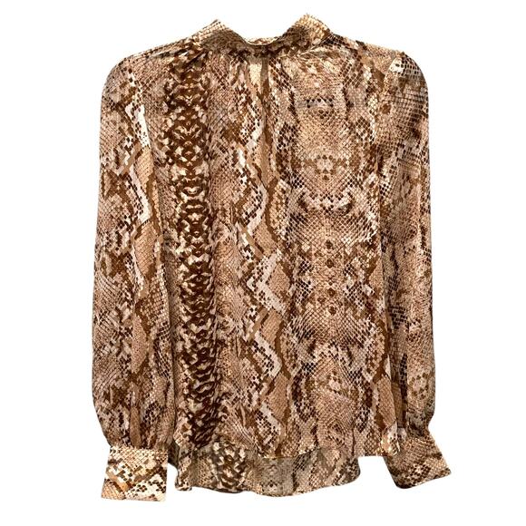 H&M Wide Cut Snakeskin Print Blouse Long Balloon Sleeve Stand Collar Keyhole 4 - Picture 1 of 8
